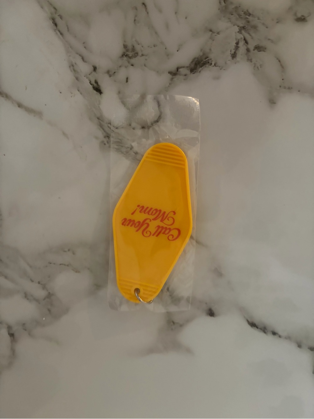 Yellow Key Tag Keychain with Call Your Mom Script